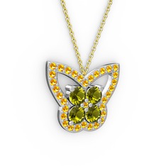 Sitrin ve peridot 14 ayar beyaz altın kolye (40 cm altın rolo zincir)