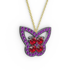 Kelebek Kolye - Ametist ve garnet 925 ayar siyah rodyum kaplama gümüş kolye (40 cm altın rolo zincir) #a71m13