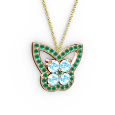 Kelebek Kolye - Kök zümrüt ve akuamarin 14 ayar rose altın kolye (40 cm altın rolo zincir) #a7c5lz