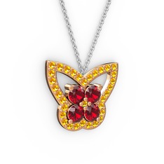 Kelebek Kolye - Sitrin ve garnet 8 ayar rose altın kolye (40 cm beyaz altın rolo zincir) #a7iux