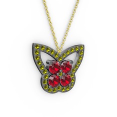 Kelebek Kolye - Peridot ve garnet 925 ayar siyah rodyum kaplama gümüş kolye (40 cm altın rolo zincir) #b21ai0