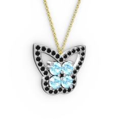 Kelebek Kolye - Siyah zirkon ve akuamarin 18 ayar beyaz altın kolye (40 cm gümüş rolo zincir) #b8oyv4