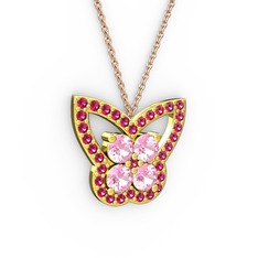 Kelebek Kolye - Rodolit garnet ve pembe kuvars 8 ayar altın kolye (40 cm rose altın rolo zincir) #bk9xy
