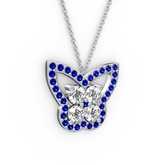 Lab safir ve swarovski 14 ayar beyaz altın kolye (40 cm beyaz altın rolo zincir)