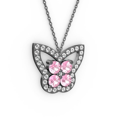 Kelebek Kolye - Pırlanta ve pembe kuvars 925 ayar siyah rodyum kaplama gümüş kolye (0.48 karat, 40 cm gümüş rolo zincir) #c2r3d0