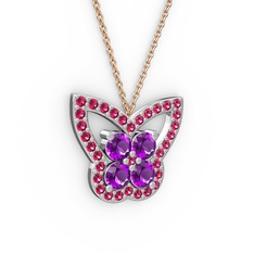 Kelebek Kolye - Rodolit garnet ve ametist 14 ayar beyaz altın kolye (40 cm rose altın rolo zincir) #chkp0u