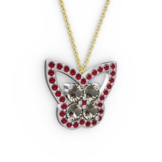 Kelebek Kolye - Garnet ve dumanlı kuvars 14 ayar beyaz altın kolye (40 cm gümüş rolo zincir) #cii3ar