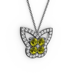 Kelebek Kolye - Pırlanta ve peridot 925 ayar siyah rodyum kaplama gümüş kolye (0.48 karat, 40 cm gümüş rolo zincir) #cowzdc