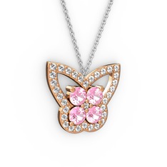 Kelebek Kolye - Beyaz zirkon ve pembe kuvars 925 ayar rose altın kaplama gümüş kolye (40 cm beyaz altın rolo zincir) #d895yd