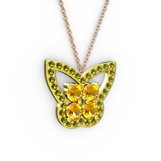 Kelebek Kolye - Peridot ve sitrin 18 ayar altın kolye (40 cm rose altın rolo zincir) #df5lak