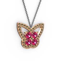 Dumanlı kuvars ve rodolit garnet 14 ayar rose altın kolye (40 cm gümüş rolo zincir)