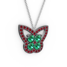 Kelebek Kolye - Garnet ve yeşil kuvars 925 ayar siyah rodyum kaplama gümüş kolye (40 cm beyaz altın rolo zincir) #dq4kqo