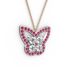 Kelebek Kolye - Rodolit garnet ve pırlanta 8 ayar beyaz altın kolye (0.96 karat, 40 cm rose altın rolo zincir) #dudvtw