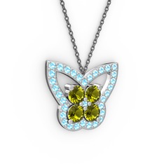 Akuamarin ve peridot 18 ayar beyaz altın kolye (40 cm gümüş rolo zincir)