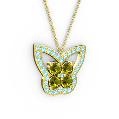 Akuamarin ve peridot 14 ayar altın kolye (40 cm altın rolo zincir)