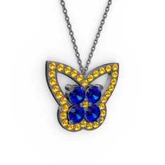 Kelebek Kolye - Sitrin ve lab safir 925 ayar siyah rodyum kaplama gümüş kolye (40 cm gümüş rolo zincir) #e71qsz