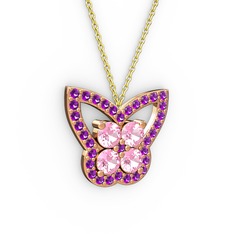 Kelebek Kolye - Ametist ve pembe kuvars 8 ayar rose altın kolye (40 cm altın rolo zincir) #ewosxm