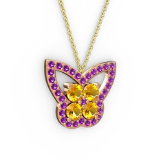 Kelebek Kolye - Ametist ve sitrin 8 ayar rose altın kolye (40 cm altın rolo zincir) #gc596b