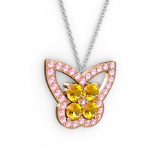 Kelebek Kolye - Pembe kuvars ve sitrin 18 ayar rose altın kolye (40 cm beyaz altın rolo zincir) #ggultm