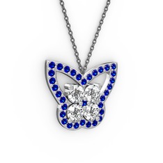 Lab safir ve beyaz zirkon 18 ayar beyaz altın kolye (40 cm gümüş rolo zincir)