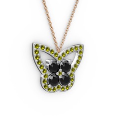 Kelebek Kolye - Peridot ve siyah zirkon 18 ayar beyaz altın kolye (40 cm rose altın rolo zincir) #h6lwq3