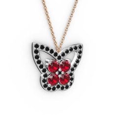 Kelebek Kolye - Siyah zirkon ve garnet 8 ayar beyaz altın kolye (40 cm rose altın rolo zincir) #hl1jl2