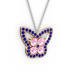 Kelebek Kolye - Lab safir ve pembe kuvars 14 ayar rose altın kolye (40 cm beyaz altın rolo zincir) #hm39q2