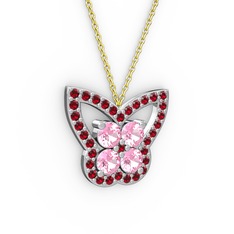 Garnet ve pembe kuvars 18 ayar beyaz altın kolye (40 cm gümüş rolo zincir)