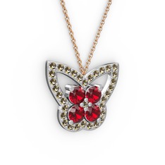 Kelebek Kolye - Dumanlı kuvars ve garnet 18 ayar beyaz altın kolye (40 cm rose altın rolo zincir) #i6aap5