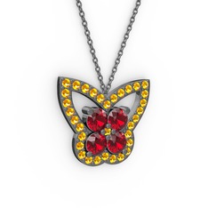 Kelebek Kolye - Sitrin ve garnet 925 ayar siyah rodyum kaplama gümüş kolye (40 cm gümüş rolo zincir) #ieqhxs