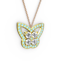 Kelebek Kolye - Akuamarin ve pırlanta 14 ayar altın kolye (0.96 karat, 40 cm rose altın rolo zincir) #ipn8d7