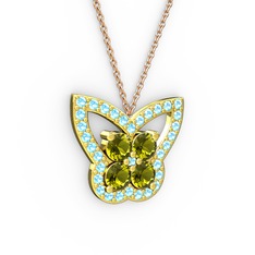 Kelebek Kolye - Akuamarin ve peridot 14 ayar altın kolye (40 cm rose altın rolo zincir) #isjicm