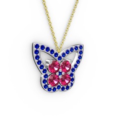 Kelebek Kolye - Lab safir ve rodolit garnet 18 ayar beyaz altın kolye (40 cm altın rolo zincir) #j3d76h