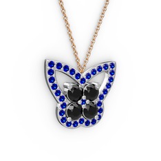 Kelebek Kolye - Lab safir ve siyah zirkon 925 ayar gümüş kolye (40 cm rose altın rolo zincir) #j7j2ru