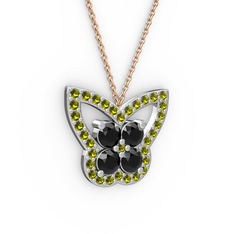 Kelebek Kolye - Peridot ve siyah zirkon 14 ayar beyaz altın kolye (40 cm rose altın rolo zincir) #jysilf