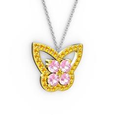Kelebek Kolye - Sitrin ve pembe kuvars 14 ayar altın kolye (40 cm beyaz altın rolo zincir) #jz40gp