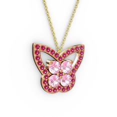 Kelebek Kolye - Rodolit garnet ve pembe kuvars 8 ayar rose altın kolye (40 cm altın rolo zincir) #kayrsy
