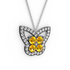 Beyaz zirkon ve sitrin 925 ayar siyah rodyum kaplama gümüş kolye (40 cm gümüş rolo zincir)