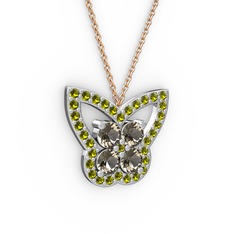 Peridot ve dumanlı kuvars 18 ayar beyaz altın kolye (40 cm rose altın rolo zincir)