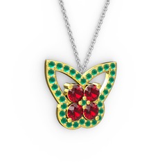 Kelebek Kolye - Kök zümrüt ve garnet 18 ayar altın kolye (40 cm gümüş rolo zincir) #lcmqkt