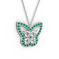 Kelebek Kolye - Kök zümrüt ve swarovski 8 ayar beyaz altın kolye (40 cm beyaz altın rolo zincir) #lcq5vy