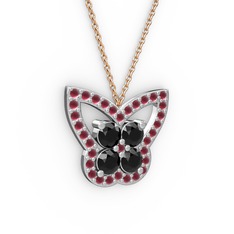 Kelebek Kolye - Kök yakut ve siyah zirkon 8 ayar beyaz altın kolye (40 cm gümüş rolo zincir) #m87te3