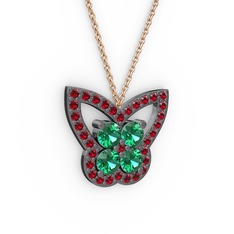 Garnet ve yeşil kuvars 925 ayar siyah rodyum kaplama gümüş kolye (40 cm rose altın rolo zincir)