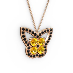 Kelebek Kolye - Siyah zirkon ve sitrin 8 ayar rose altın kolye (40 cm rose altın rolo zincir) #mdzjbf