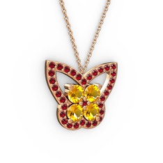 Kelebek Kolye - Garnet ve sitrin 925 ayar rose altın kaplama gümüş kolye (40 cm rose altın rolo zincir) #mk706t