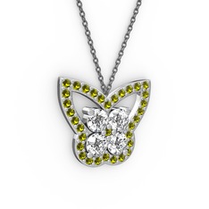 Peridot ve beyaz zirkon 18 ayar beyaz altın kolye (40 cm gümüş rolo zincir)