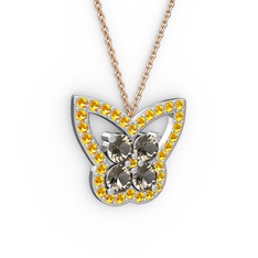 Kelebek Kolye - Sitrin ve dumanlı kuvars 18 ayar beyaz altın kolye (40 cm rose altın rolo zincir) #muaq6m