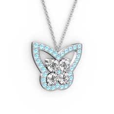 Kelebek Kolye - Akuamarin ve swarovski 14 ayar beyaz altın kolye (40 cm beyaz altın rolo zincir) #mvlbb9