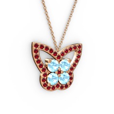 Kelebek Kolye - Garnet ve akuamarin 14 ayar rose altın kolye (40 cm rose altın rolo zincir) #n7y5vu