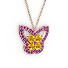 Kelebek Kolye - Ametist ve sitrin 8 ayar rose altın kolye (40 cm rose altın rolo zincir) #n92zx8